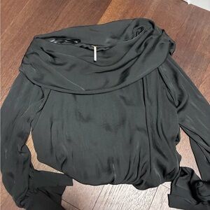 Free People Black Draped Cowl Neck Long Sleeve Blouse